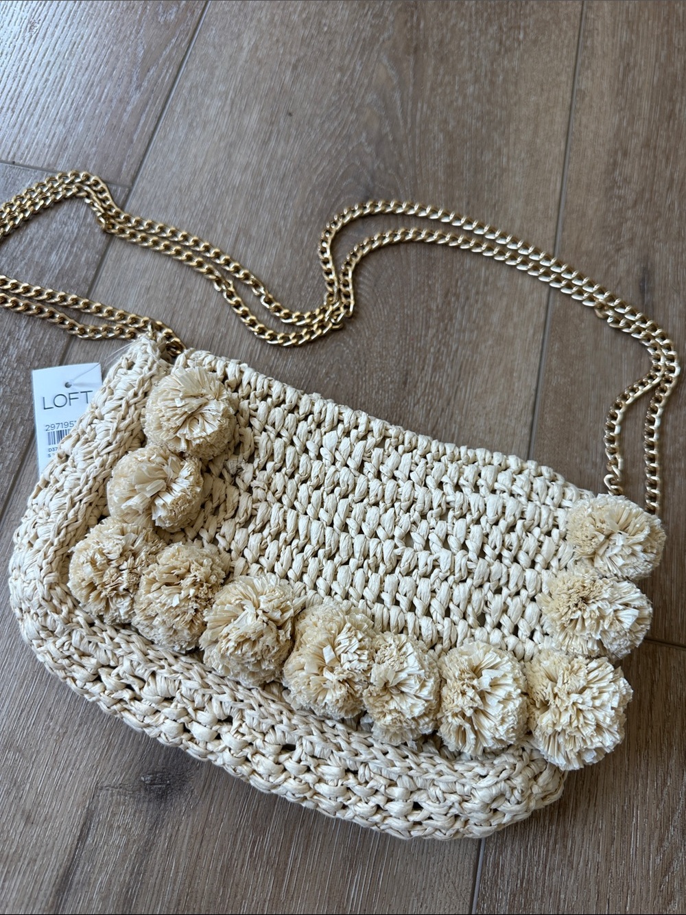 NWT LOFT Cream Woven Pom Pom Crossbody Bag Gold Chain Strap Purse